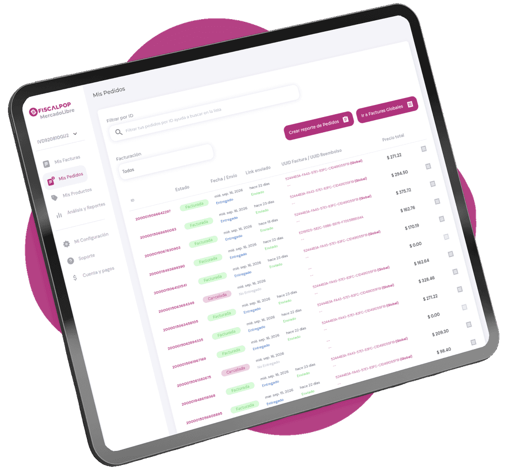 Interfaz de pedidos y facturación de FiscalPOP para Mercado Libre