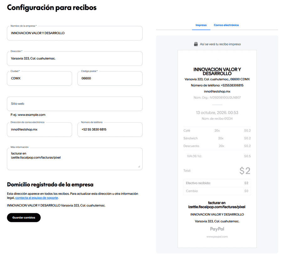 Configuración del link de facturación para recibos de Zettle